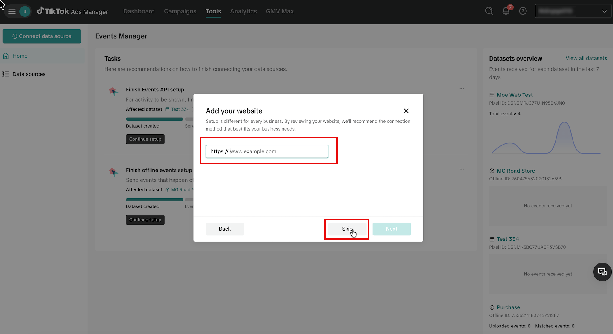 In the Add your website dialog box, enter your URL or click Skip