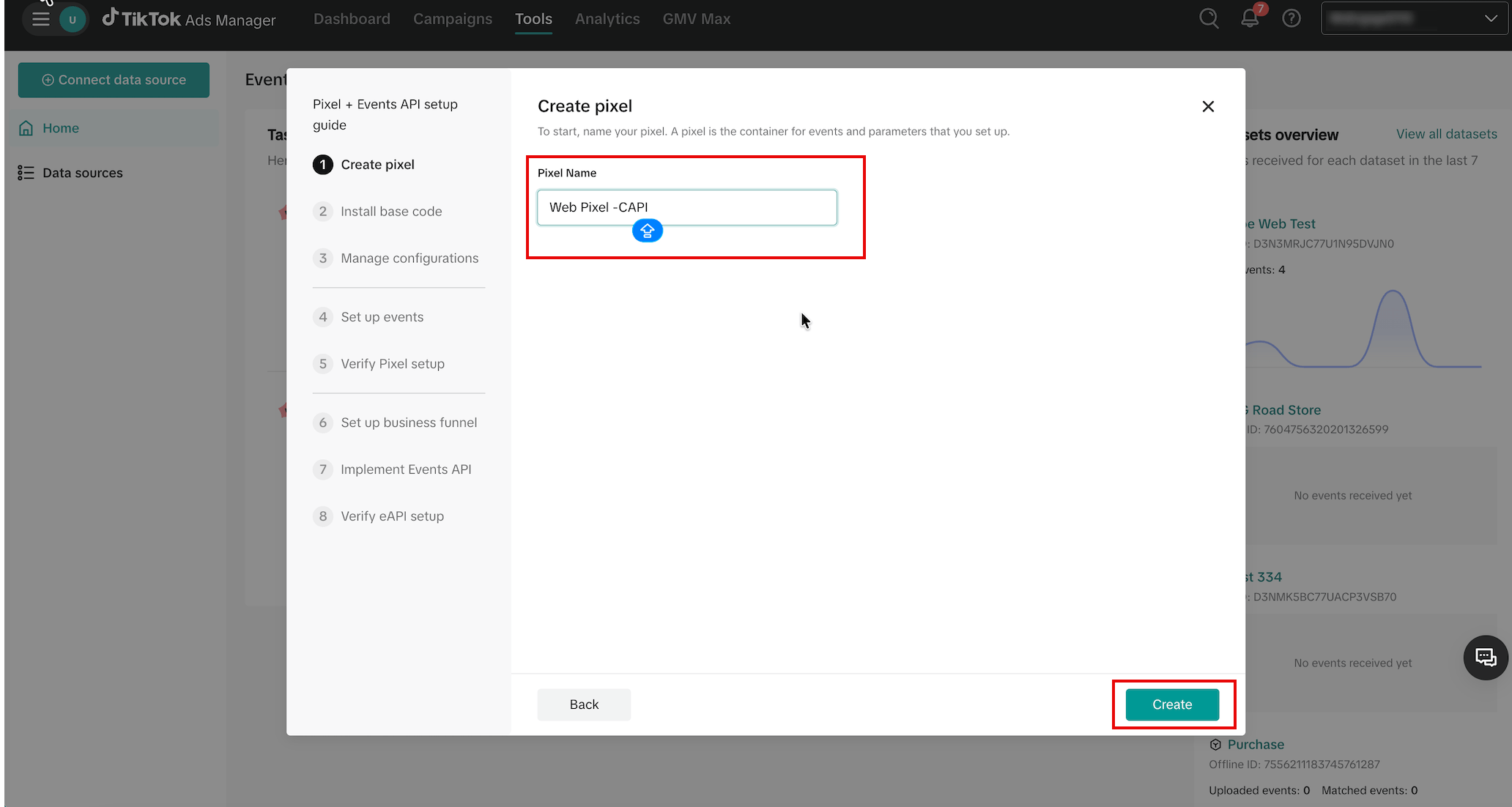 In the Pixel Name box, enter a name and then click Create
