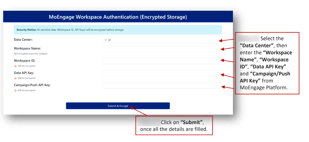 Submitting MoEngage workspace credentials in SFMC CloudPage