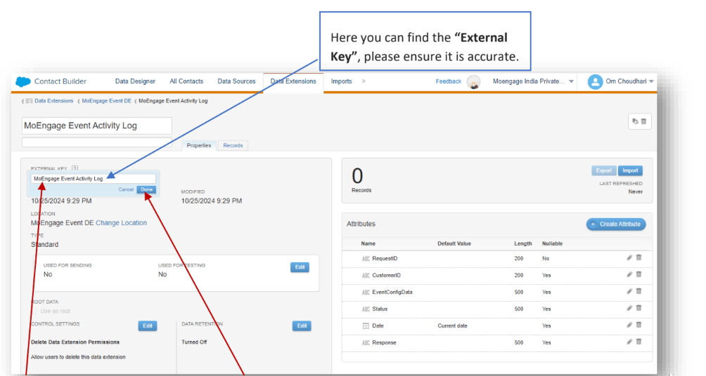 MoEngage Event Activity Log External Key field