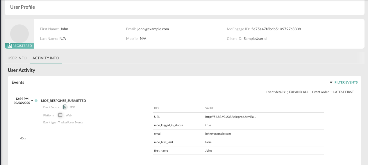 Screenshot showing MOE_RESPONSE_SUBMITTED event in user profile.