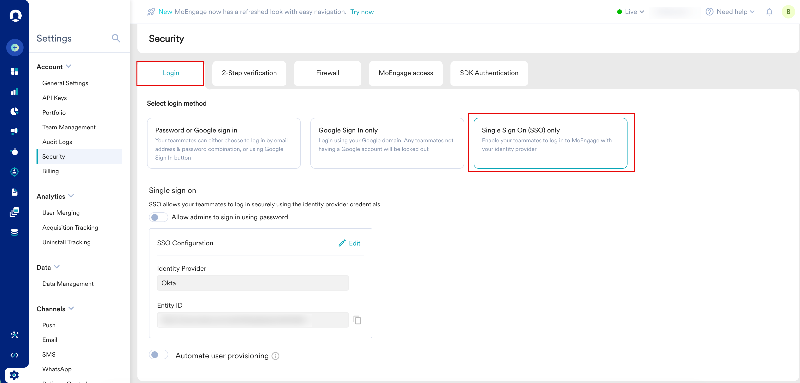 Automate user provisioning section in the Security Login settings