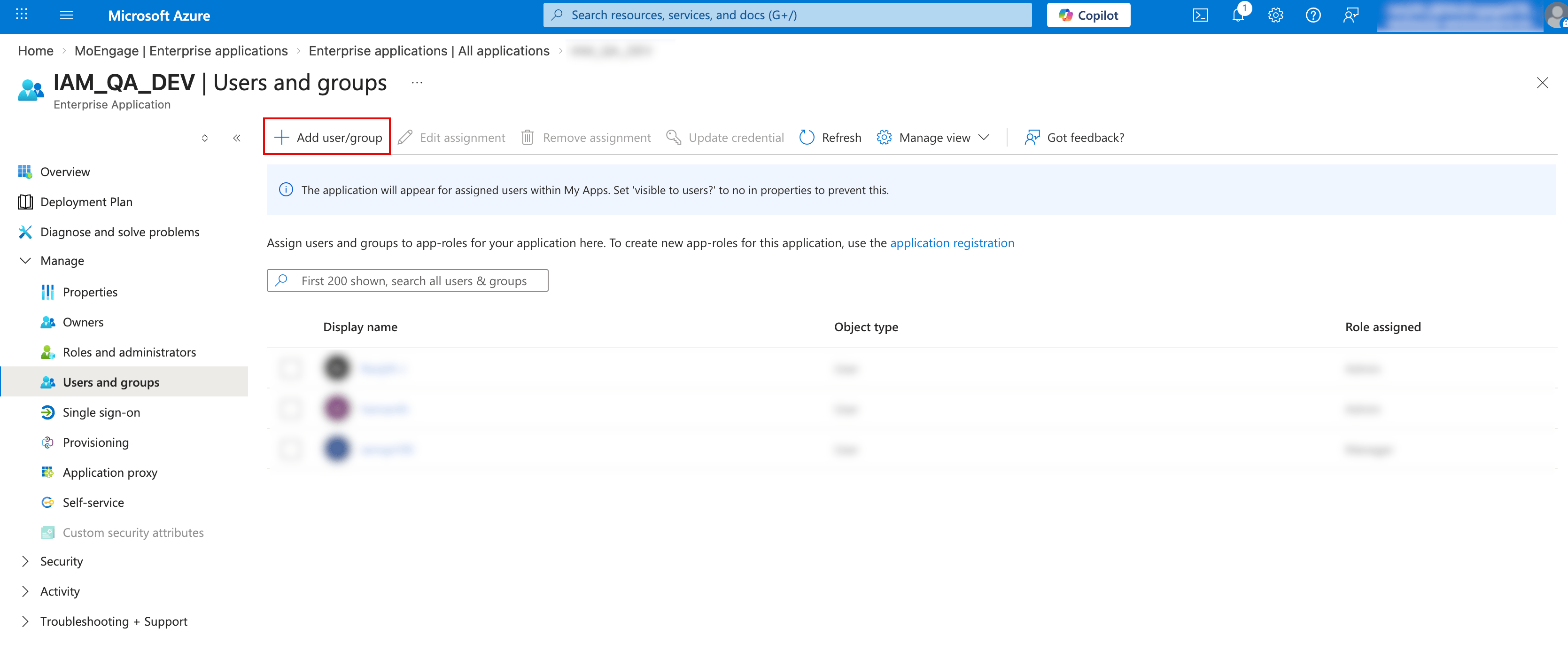 Users and groups page with the Add user/group option