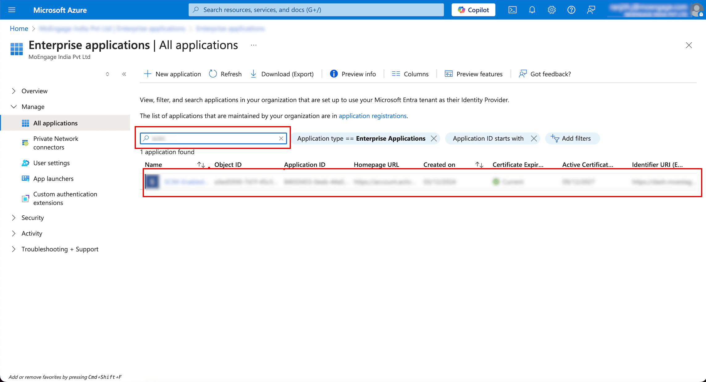 Enterprise applications All applications page with an application selected