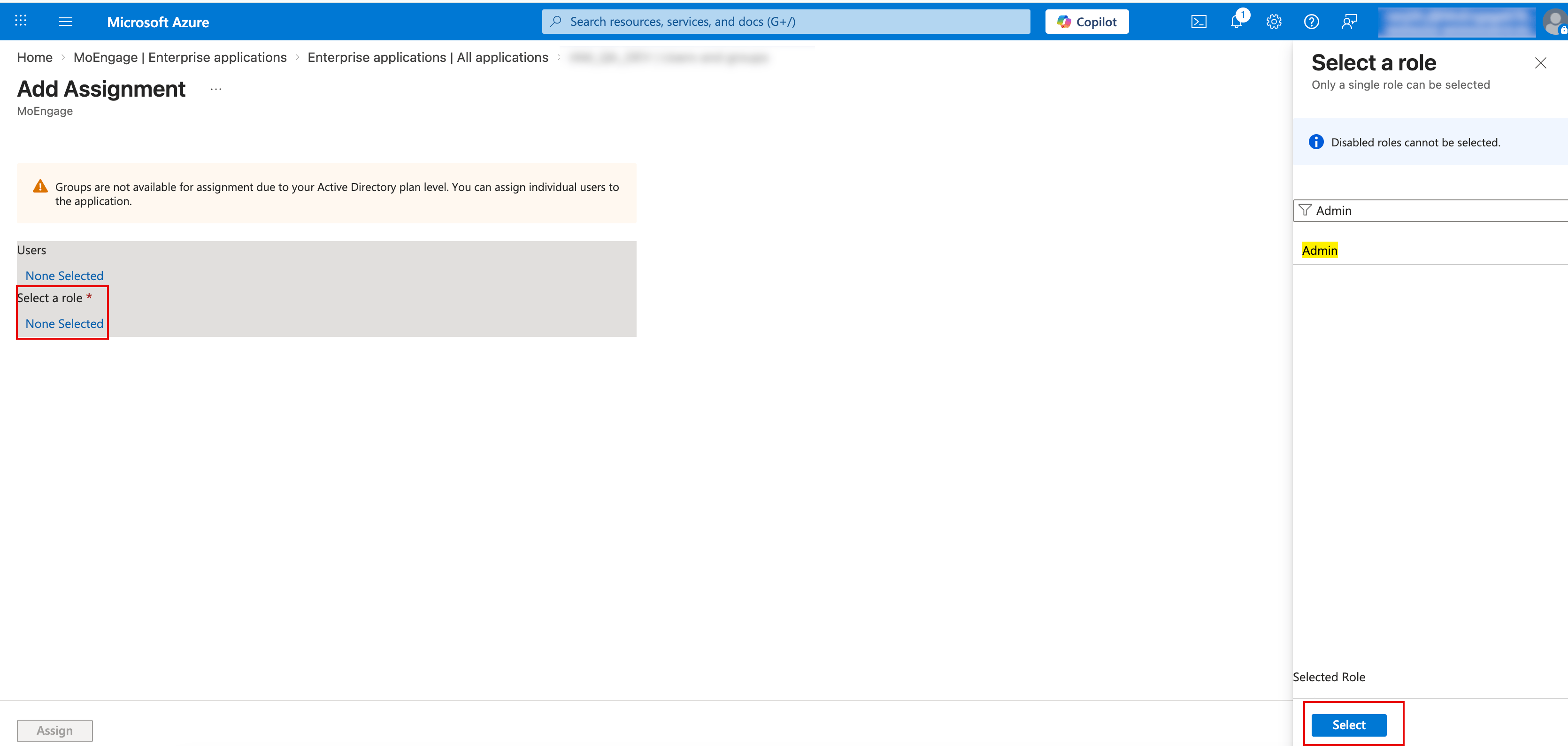 Select a role dialog box pane with a role selected