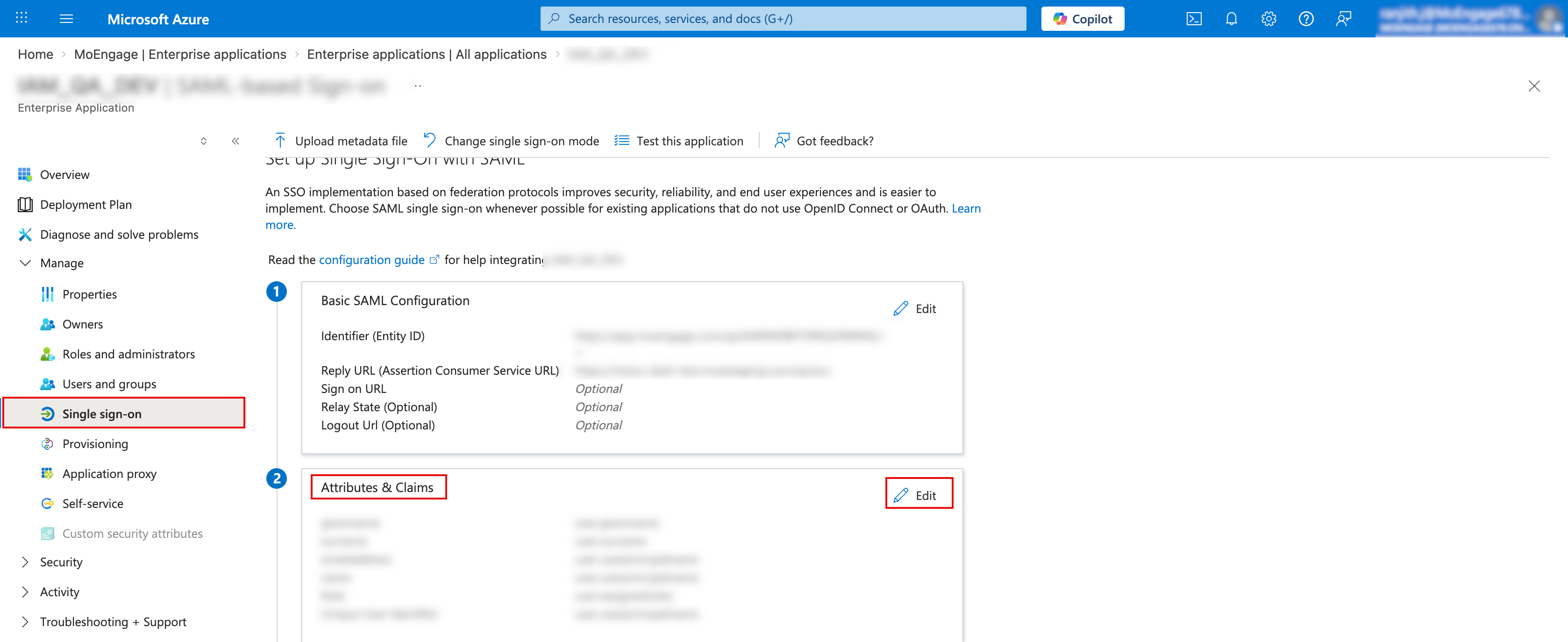 Single sign-on page with the Edit option in the Attributes and Claims section
