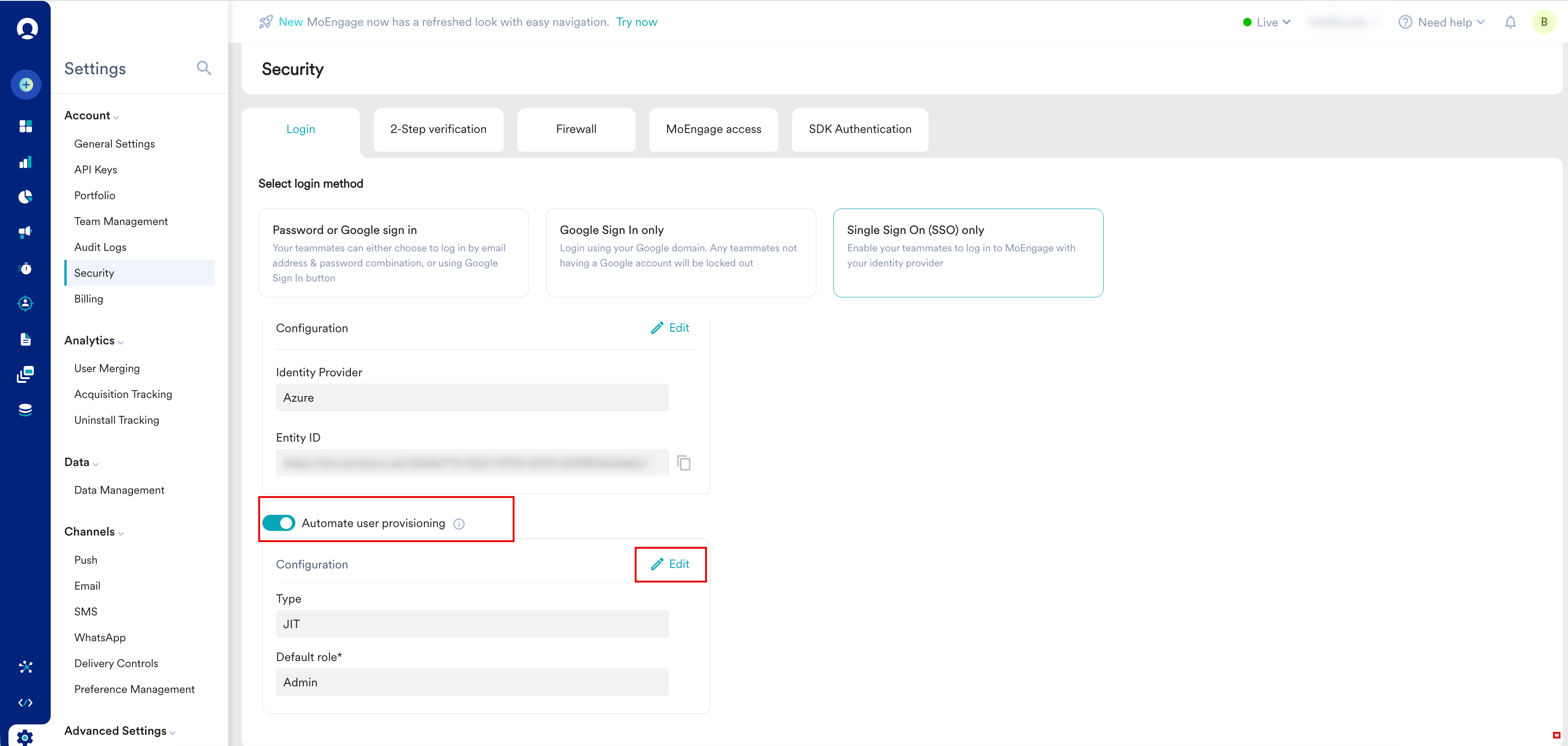 Automate user provisioning section with the Edit option