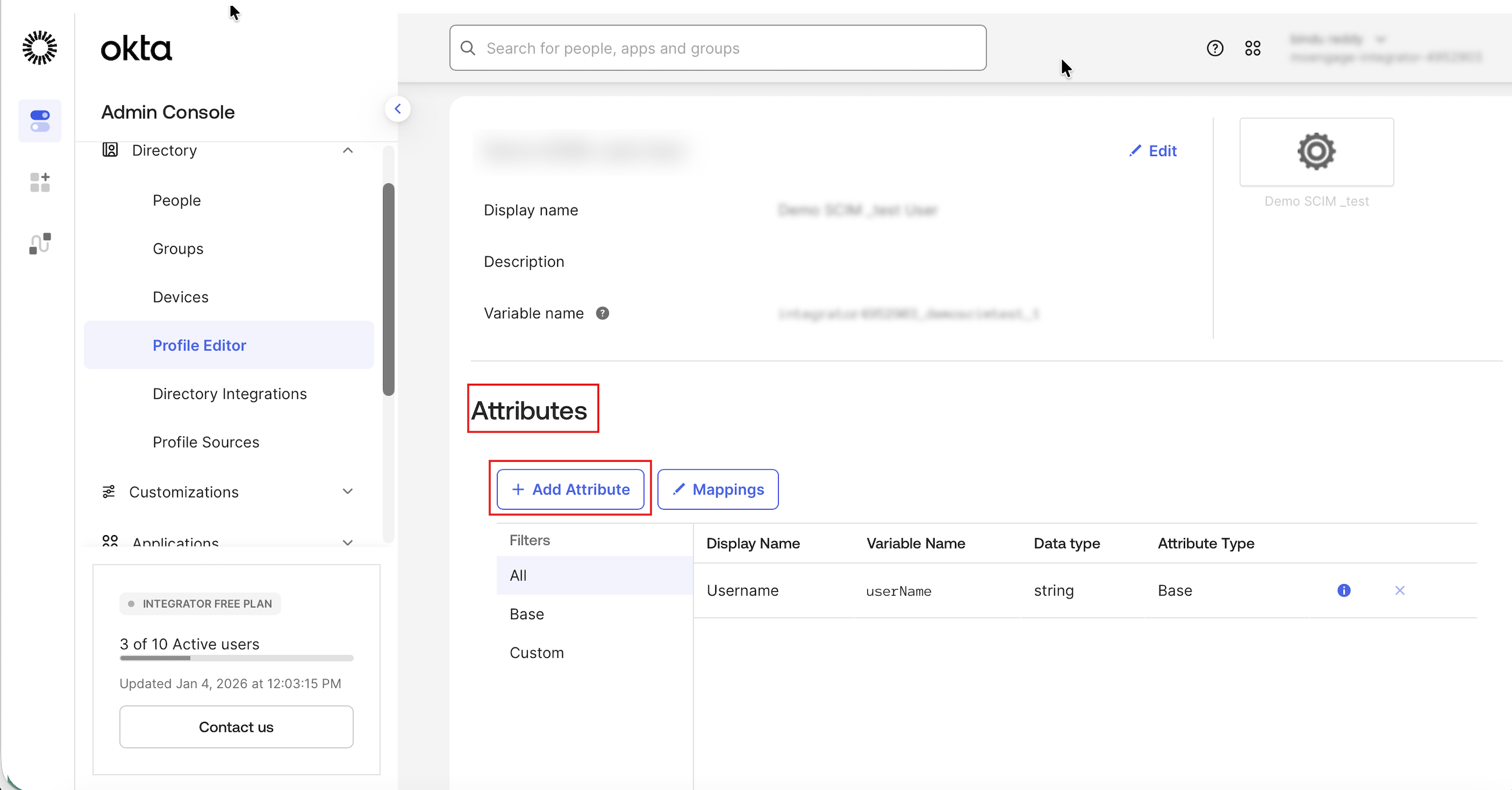 Okta Profile Editor with the Add Attribute button