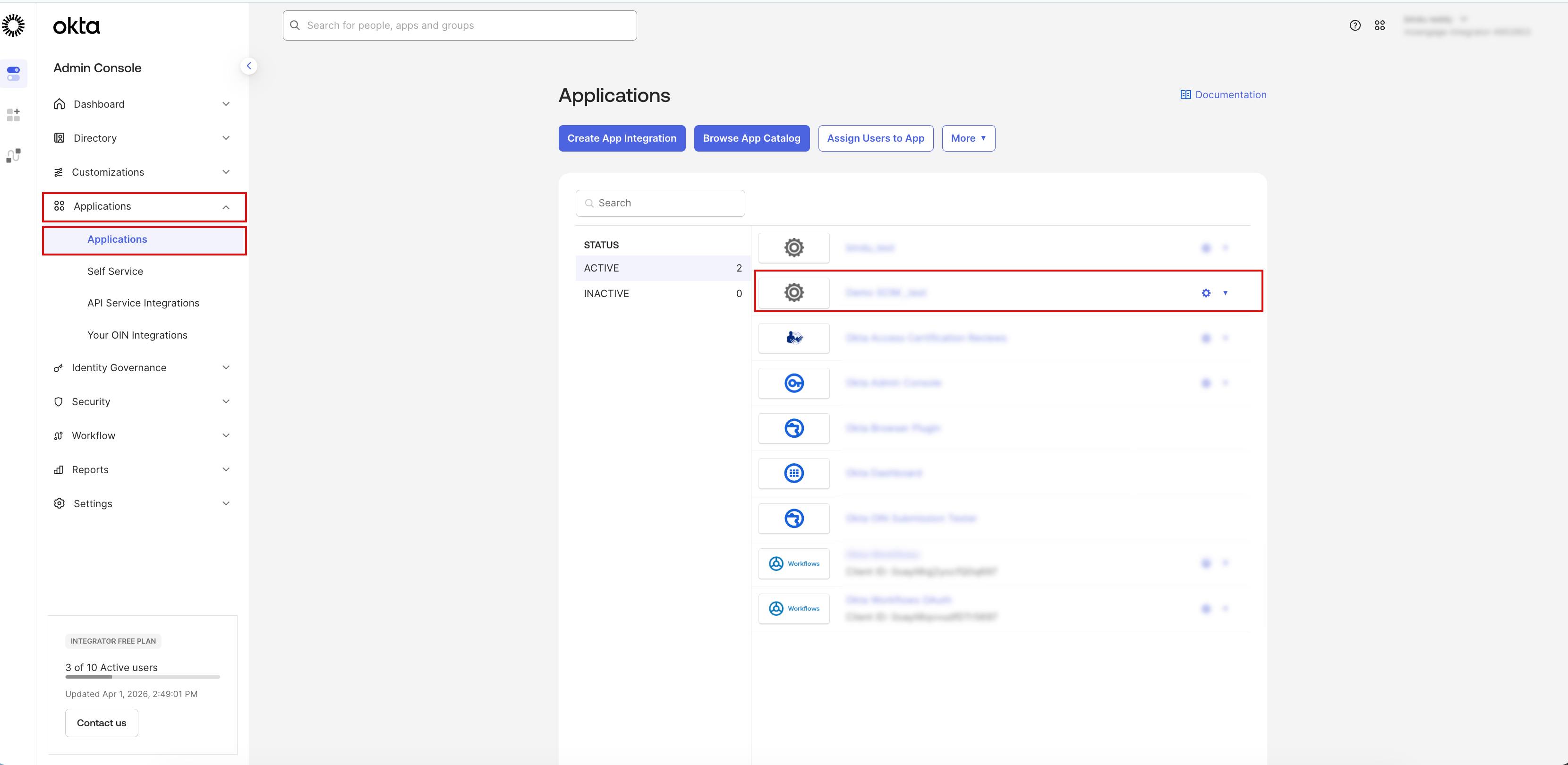 Okta Applications page with the MoEngage SSO application