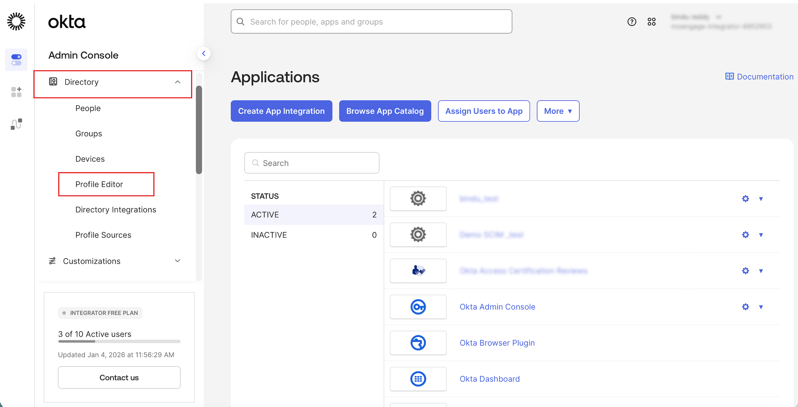 Okta left navigation menu with Directory and Profile Editor