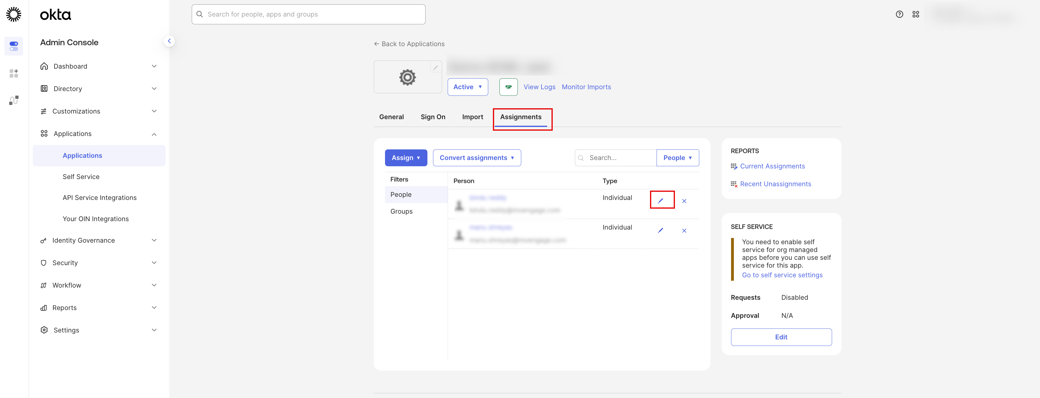 Okta Assignments tab with the edited user role
