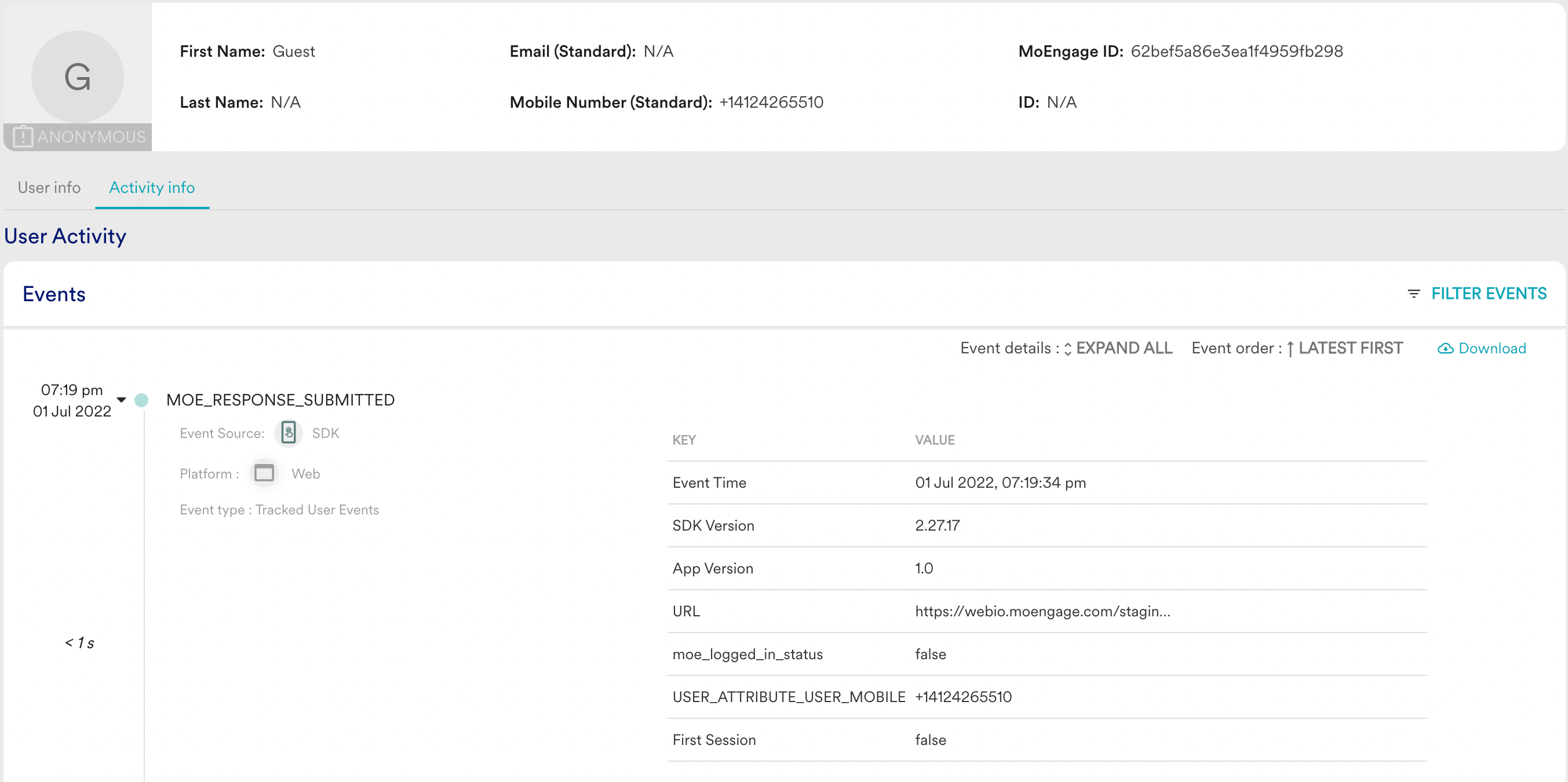 Screenshot of captured SMS Sign-Up data in user profile.