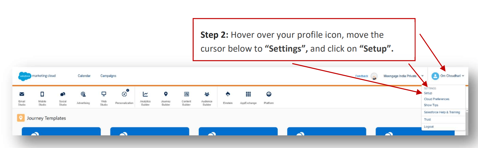 Accessing SFMC settings from the dashboard
