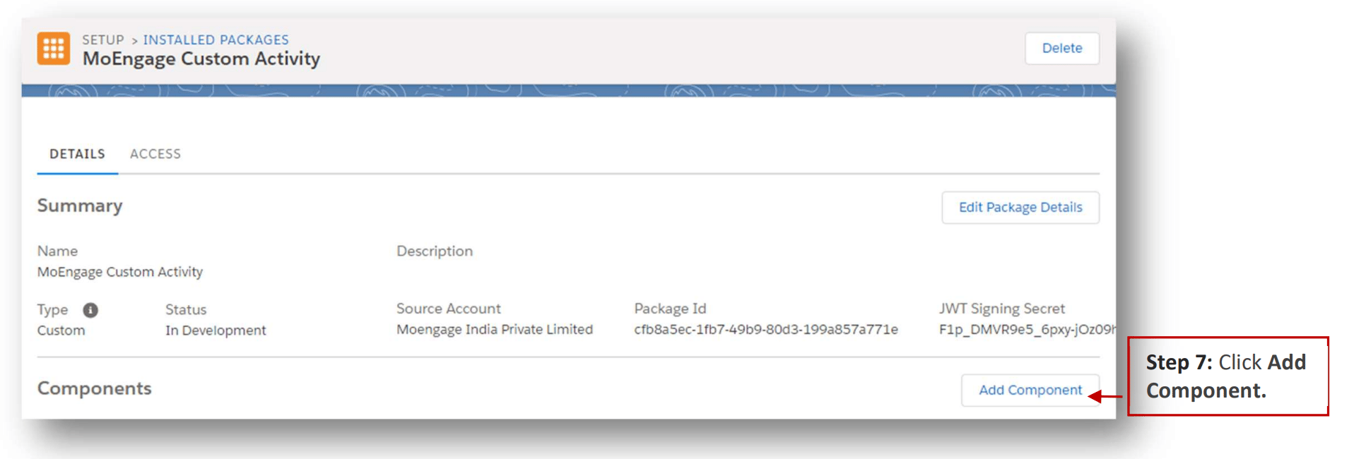 Add Component button in SFMC package configuration