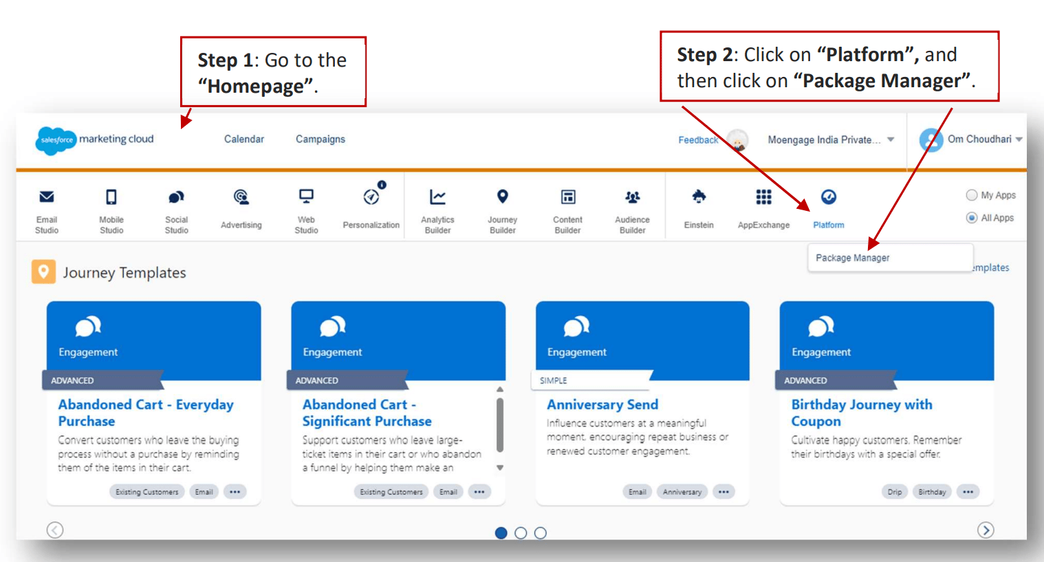 Navigating to Platform > Package Manager in SFMC