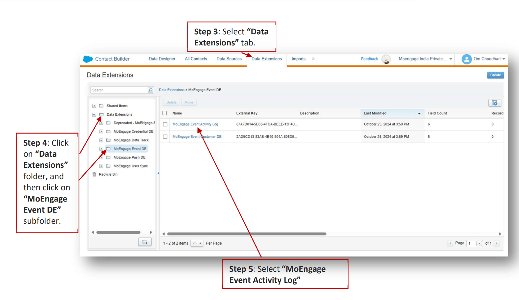 MoEngage Event DE folder with Data Extensions