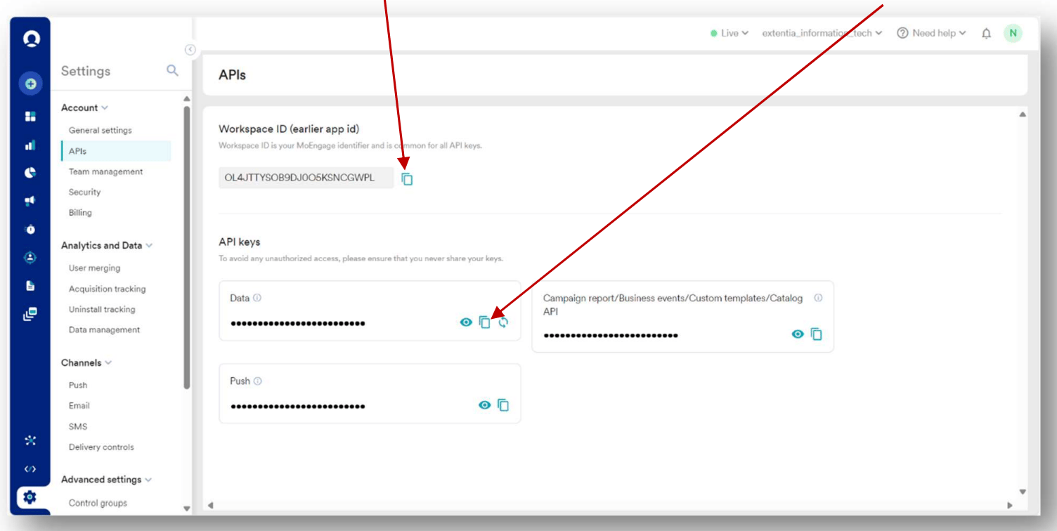 Locating Workspace ID, Data API key, and Campaign API key in MoEngage Settings