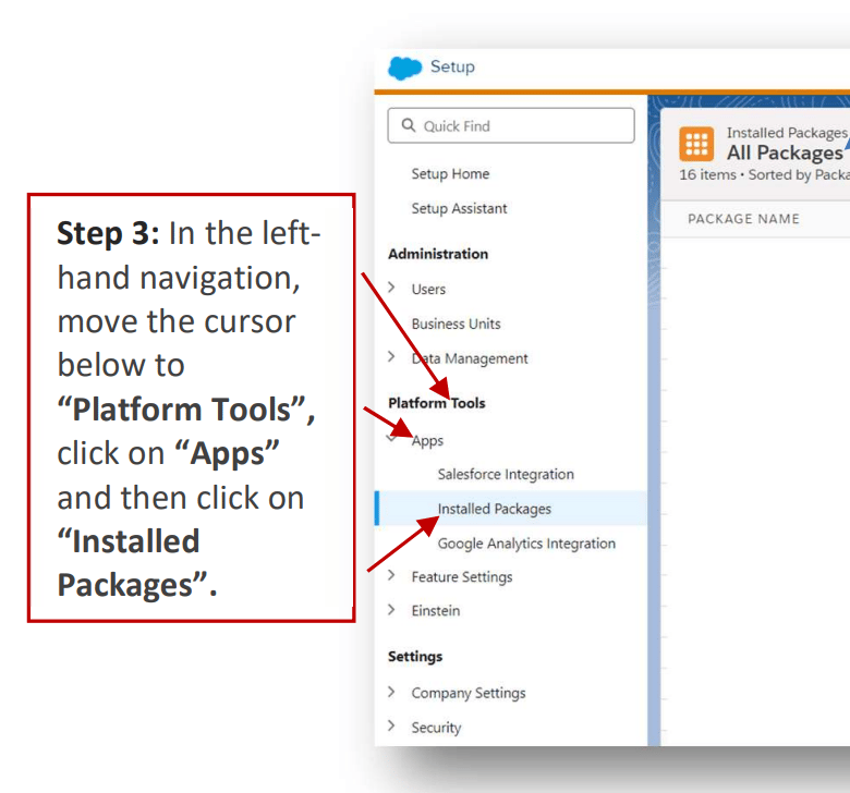 Installed Packages tab in SFMC settings