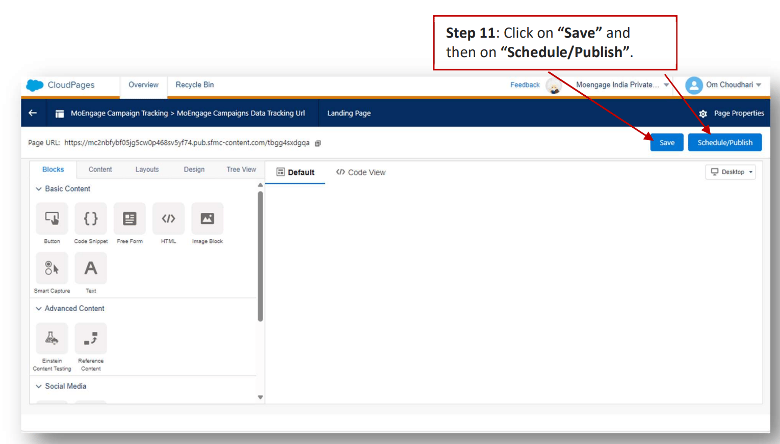 Saving and publishing the MoEngage Campaign Tracking CloudPage