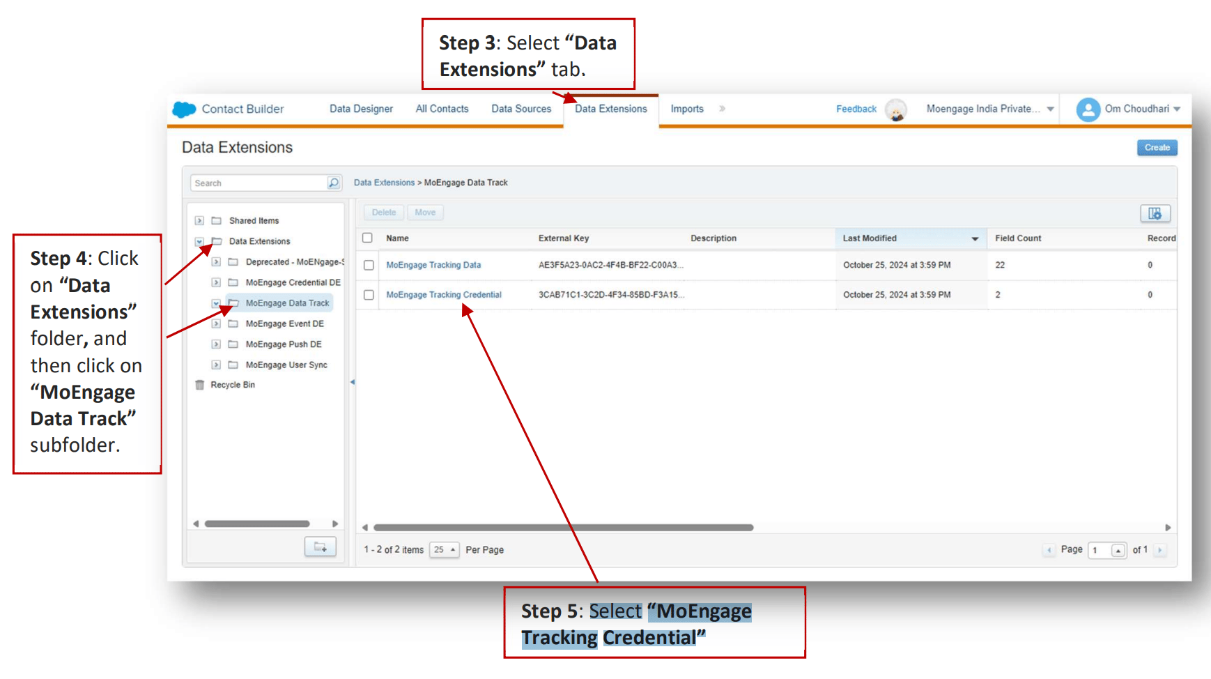 MoEngage Tracking Credential Data Extension details