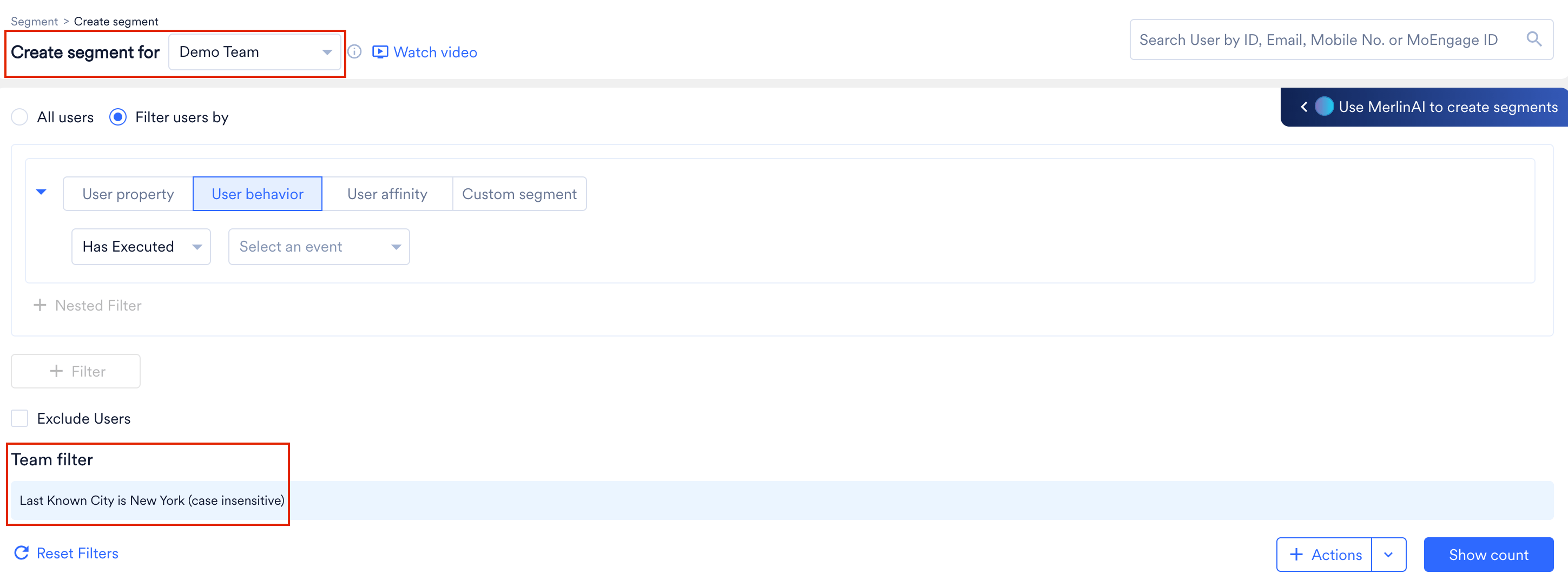 Create segment for a team with a team-based filter applied