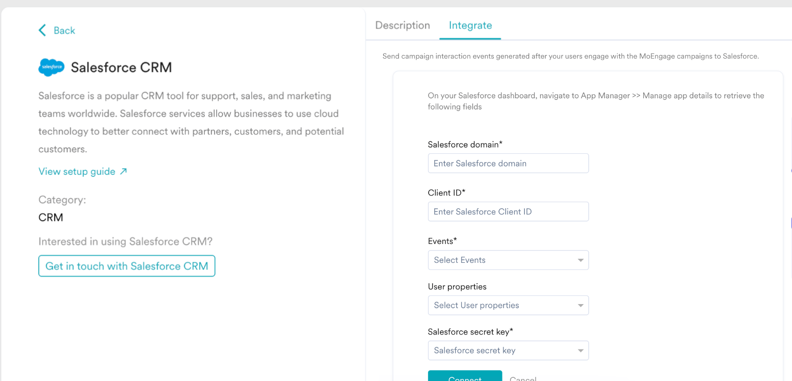 MoEngage App Marketplace listing for Salesforce CRM with the Integrate button