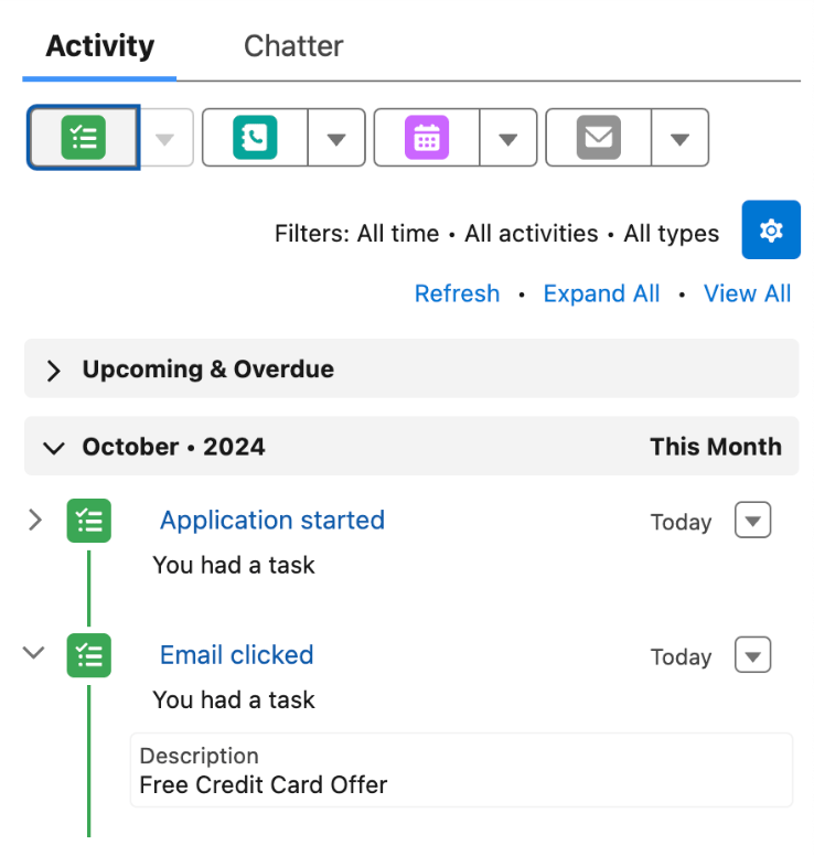 Salesforce Contact record showing MoEngage activities in the activity timeline
