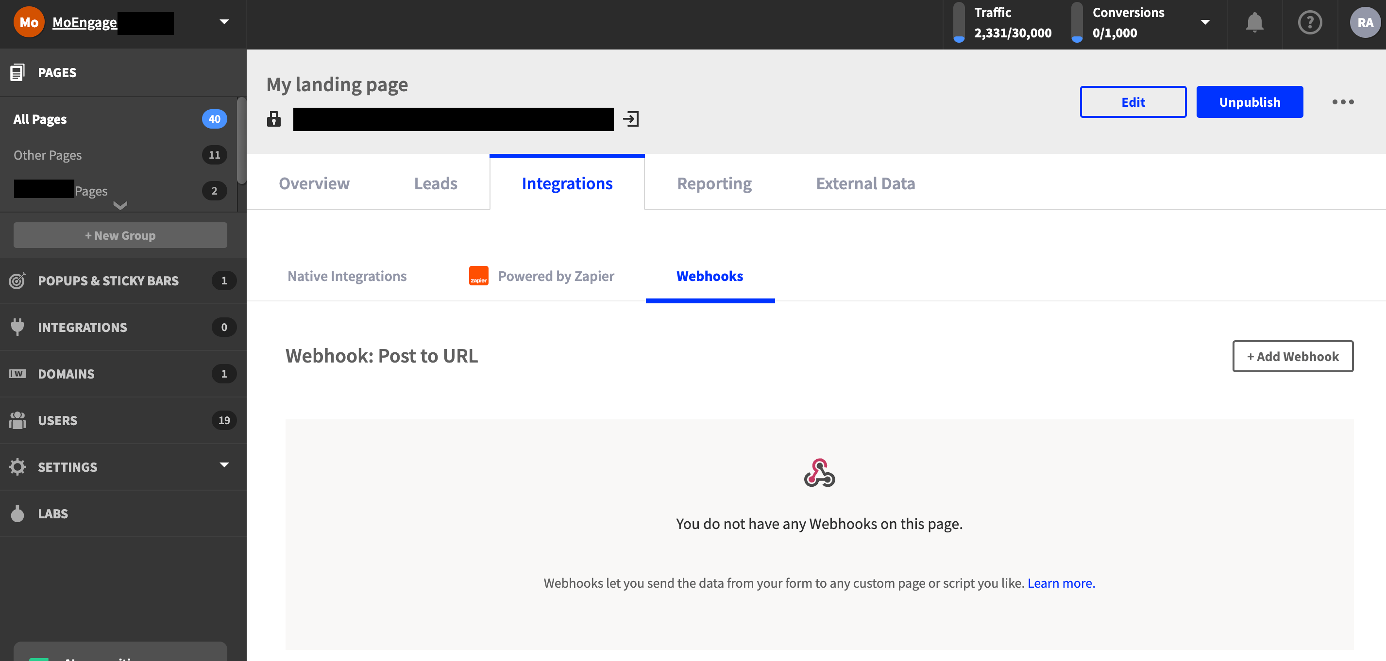 Unbounce Integrations tab with the Add Webhook option highlighted