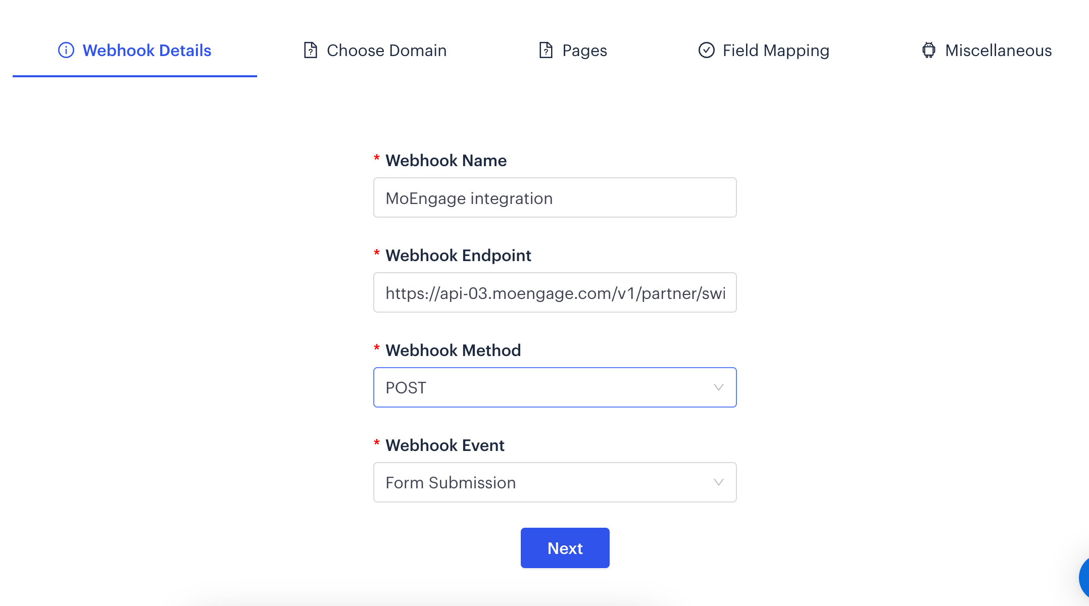 Webhook details form in Swipe Pages with name, endpoint URL, method, and event configured