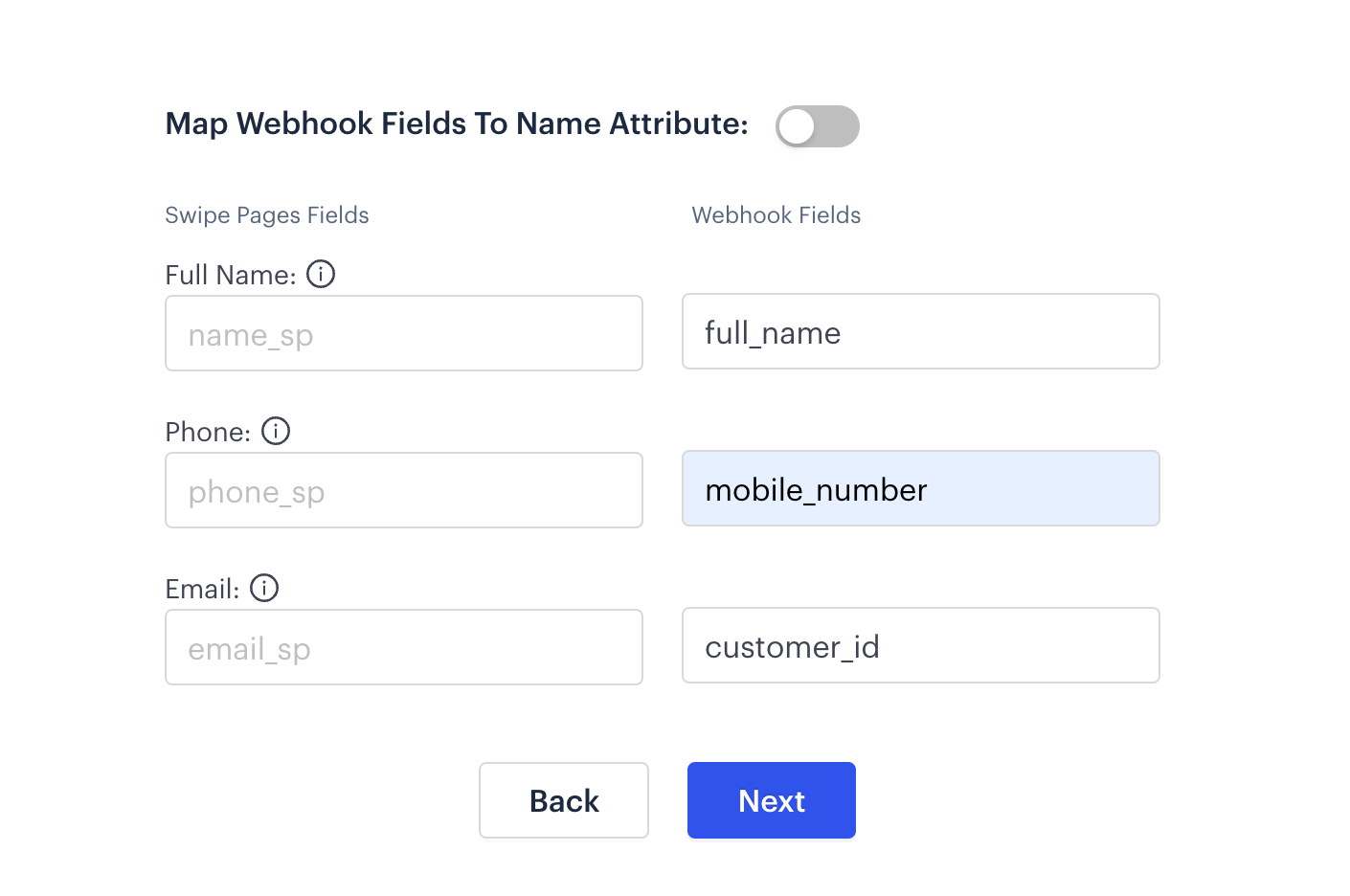 Field mapping screen in Swipe Pages with form fields mapped to MoEngage keys