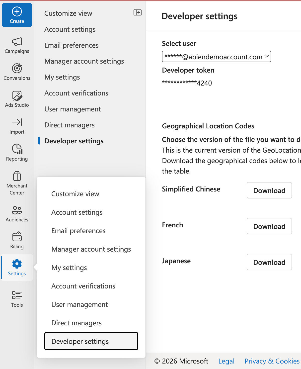 Request a developer token from the Microsoft Advertising developer settings page