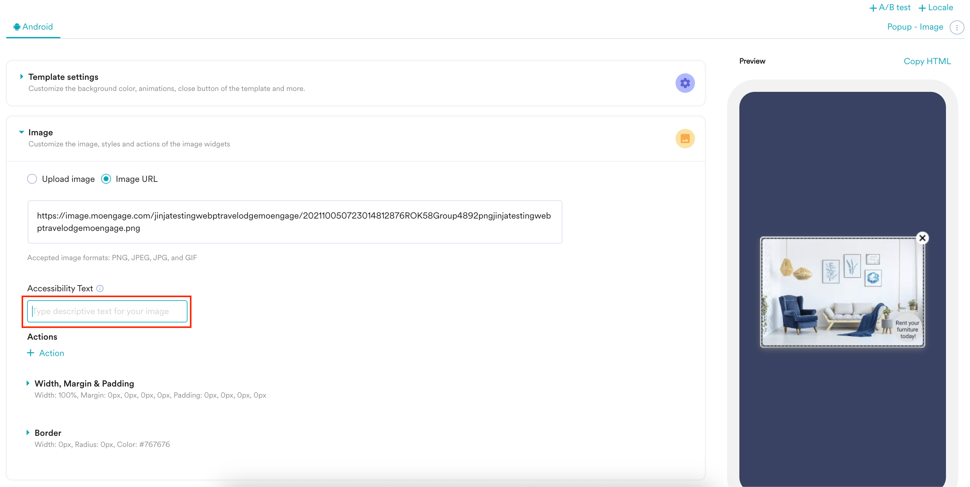 Screenshot showing Accessibility Text box for an image in a native template.