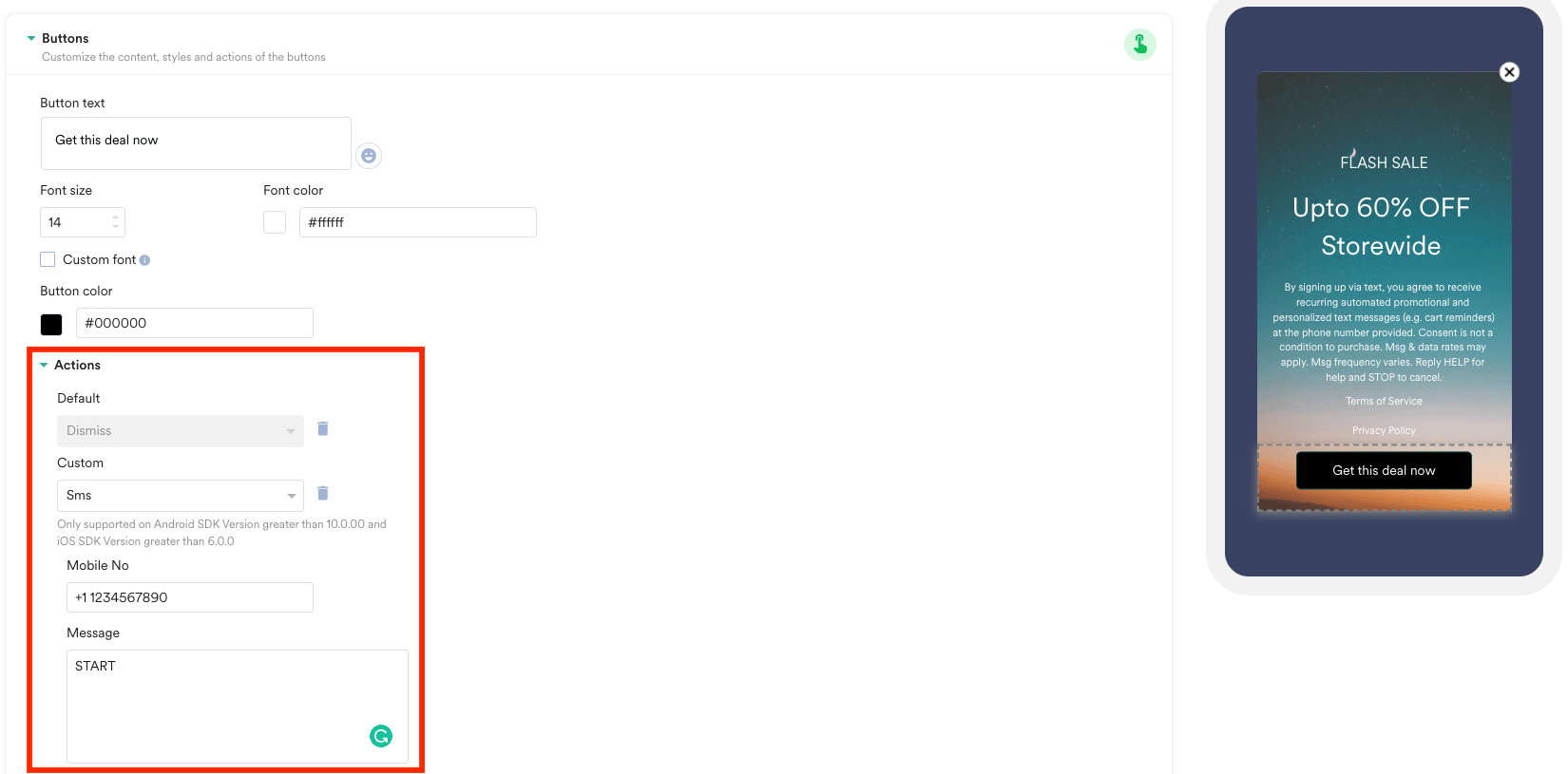 Screenshot showing SMS Sign-Up template without image.