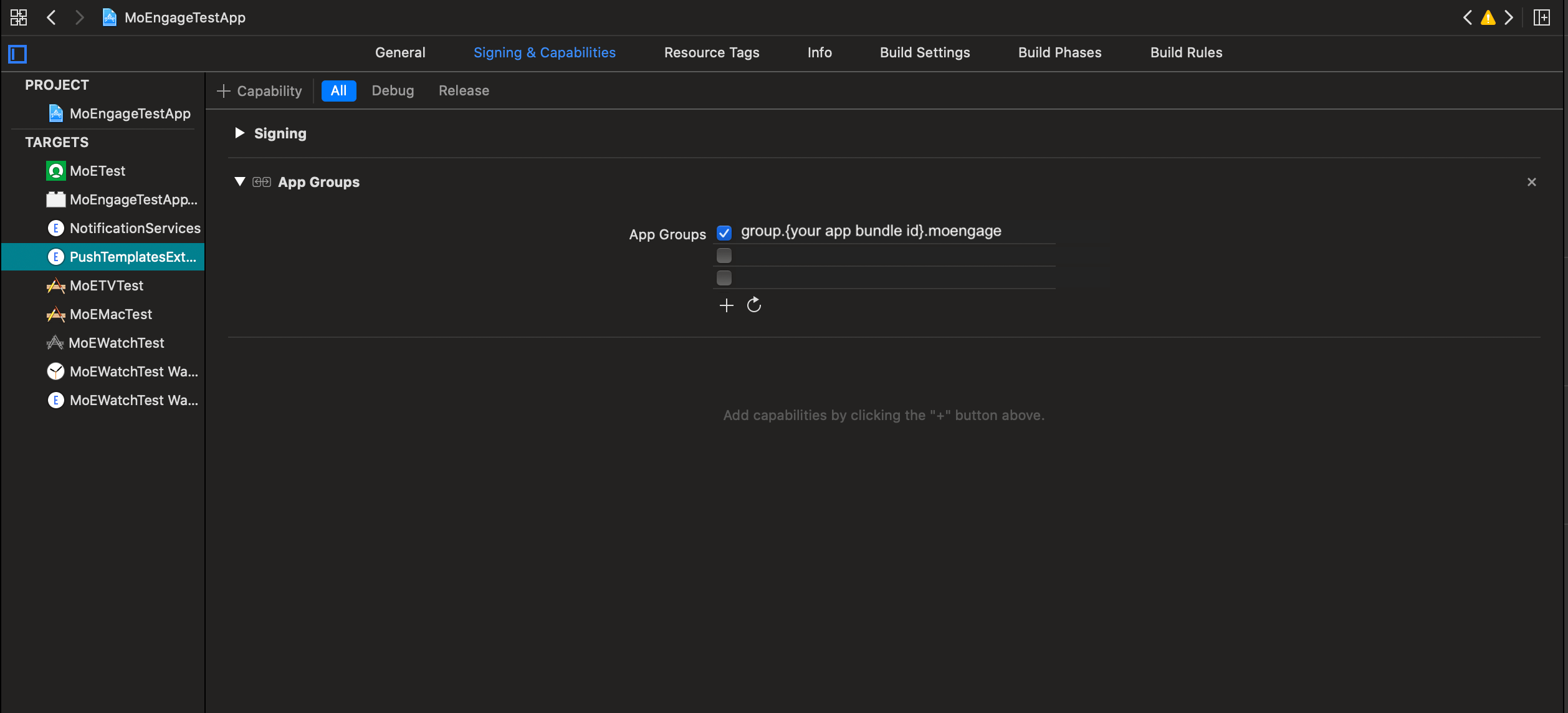 Enabling the App Groups capability for the Content Extension target in Xcode