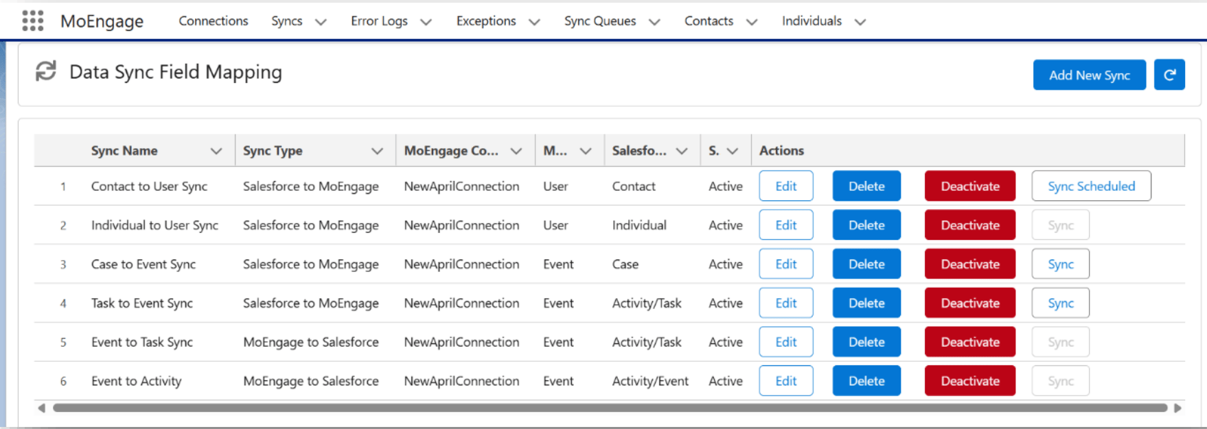 Historic sync row showing the sync status next to the configuration