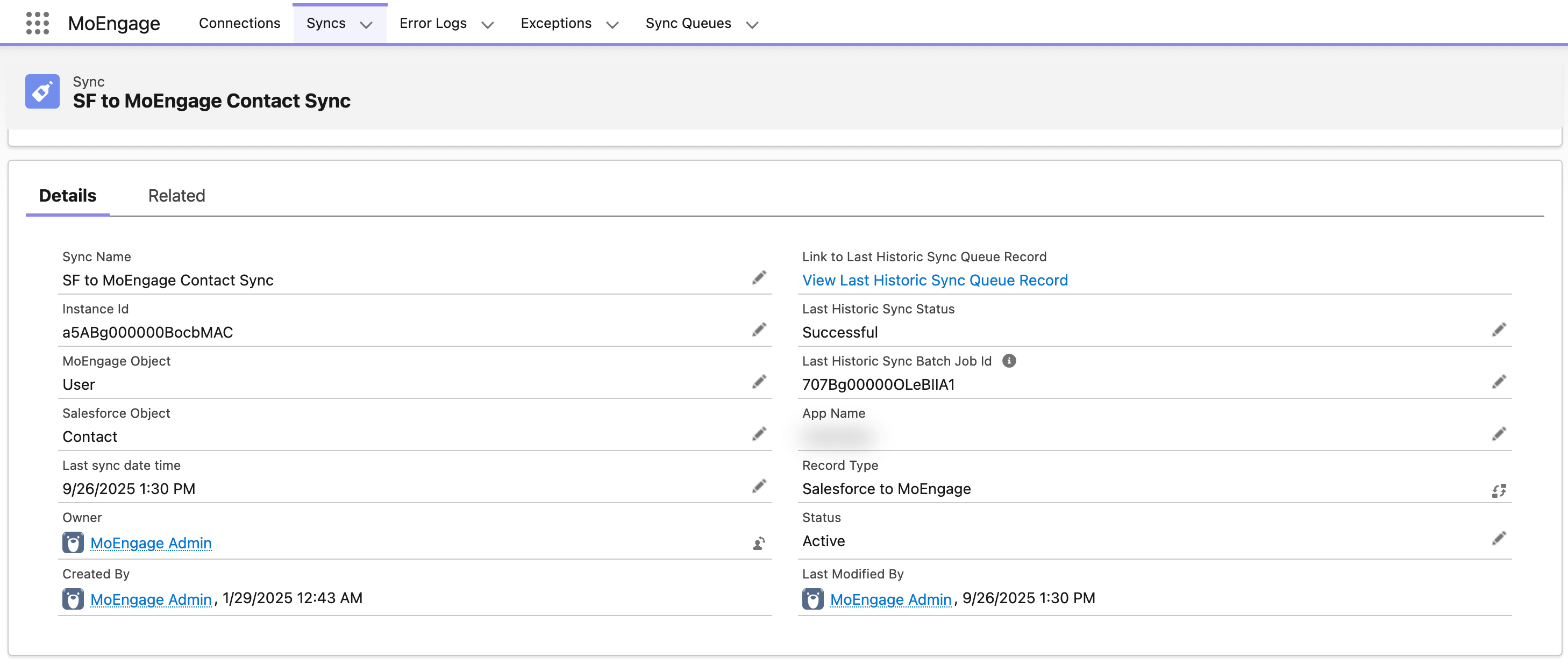 Sync detail page showing historic sync metadata fields
