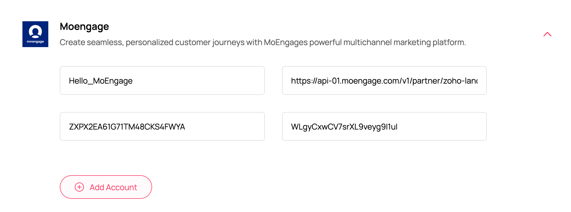 Zoho Landing MoEngage account configuration screen with API URL, App ID, and API Data Key fields
