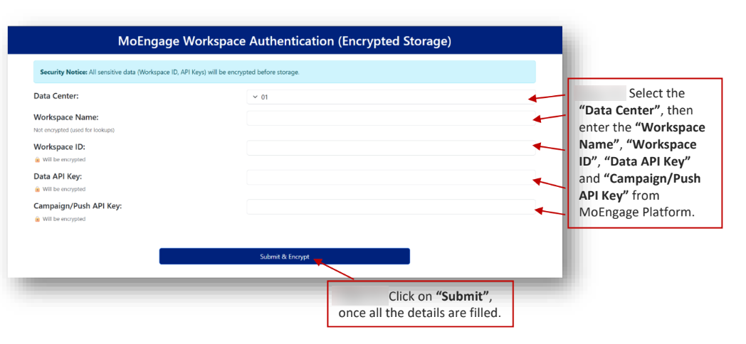 Submitting MoEngage workspace credentials in SFMC CloudPage