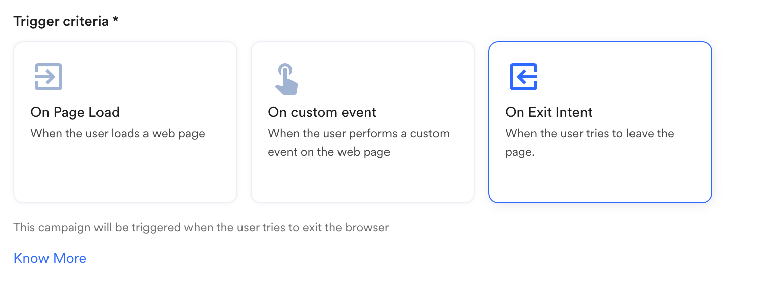 Screenshot showing On Exit Intent selected in Trigger criteria section.