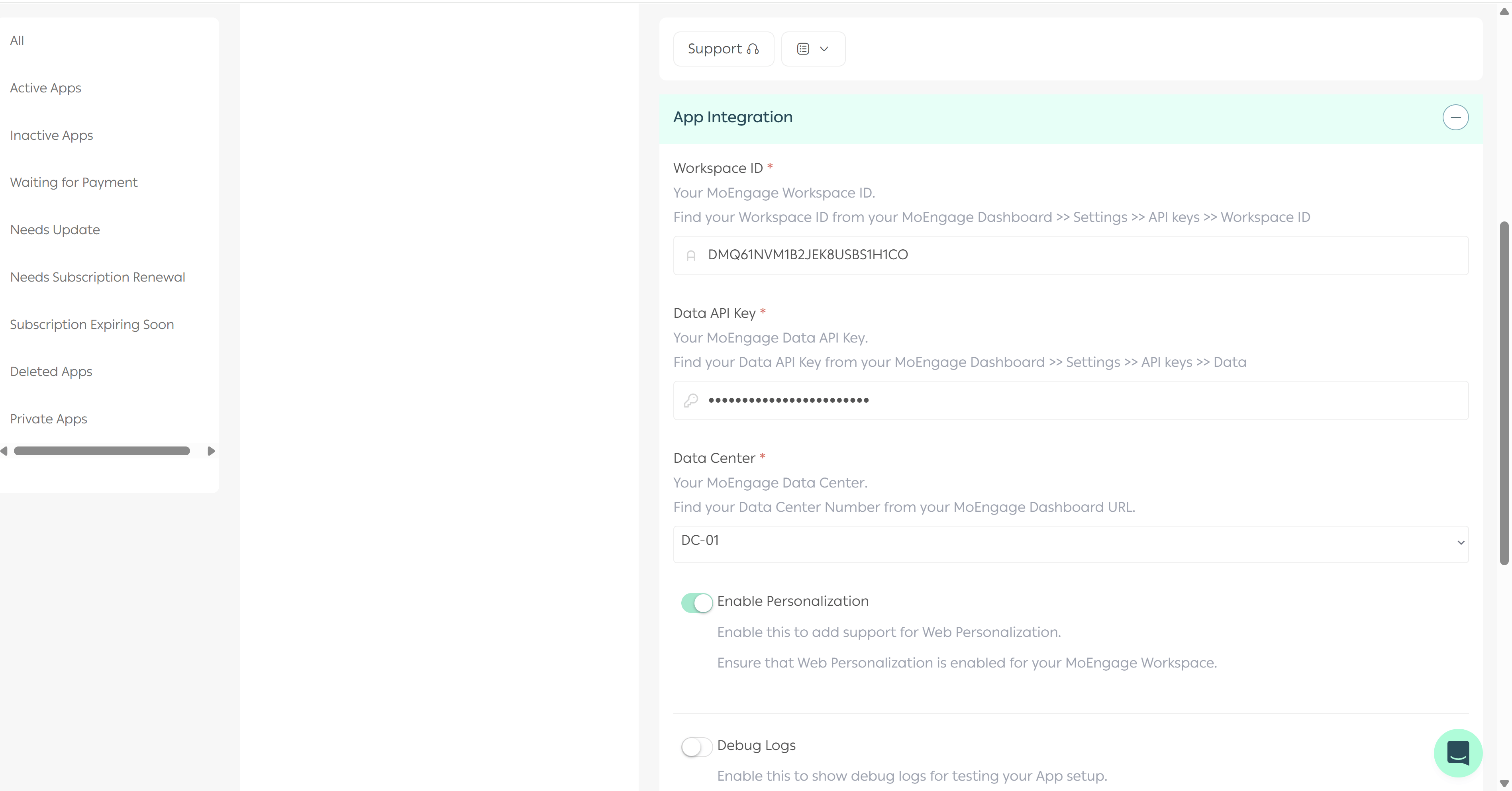 MoEngage app configuration page
