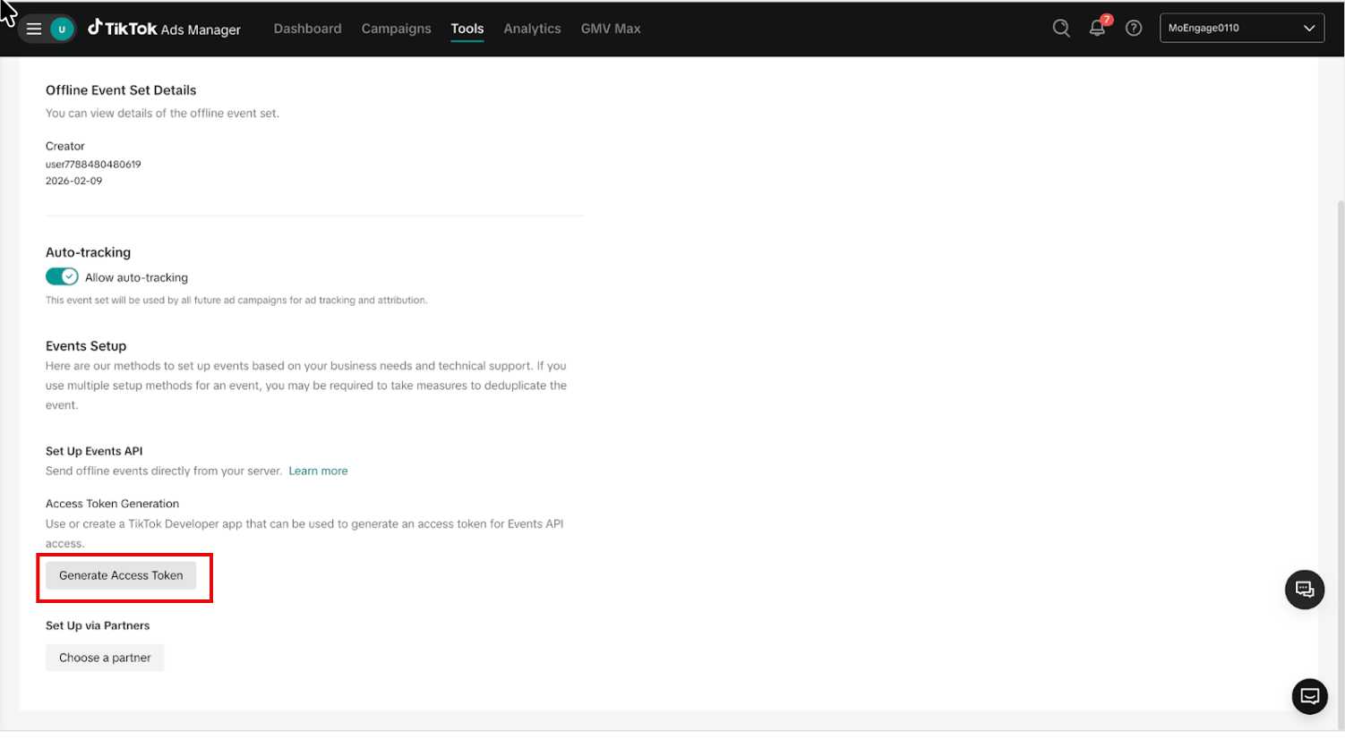 Click the Settings tab for the event set, scroll to the Set Up Events API section, and then click Generate Acc