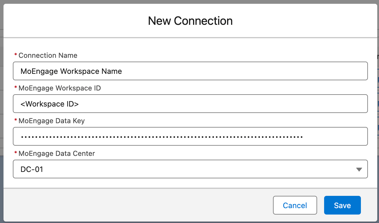 MoEngage Connection form with workspace credentials