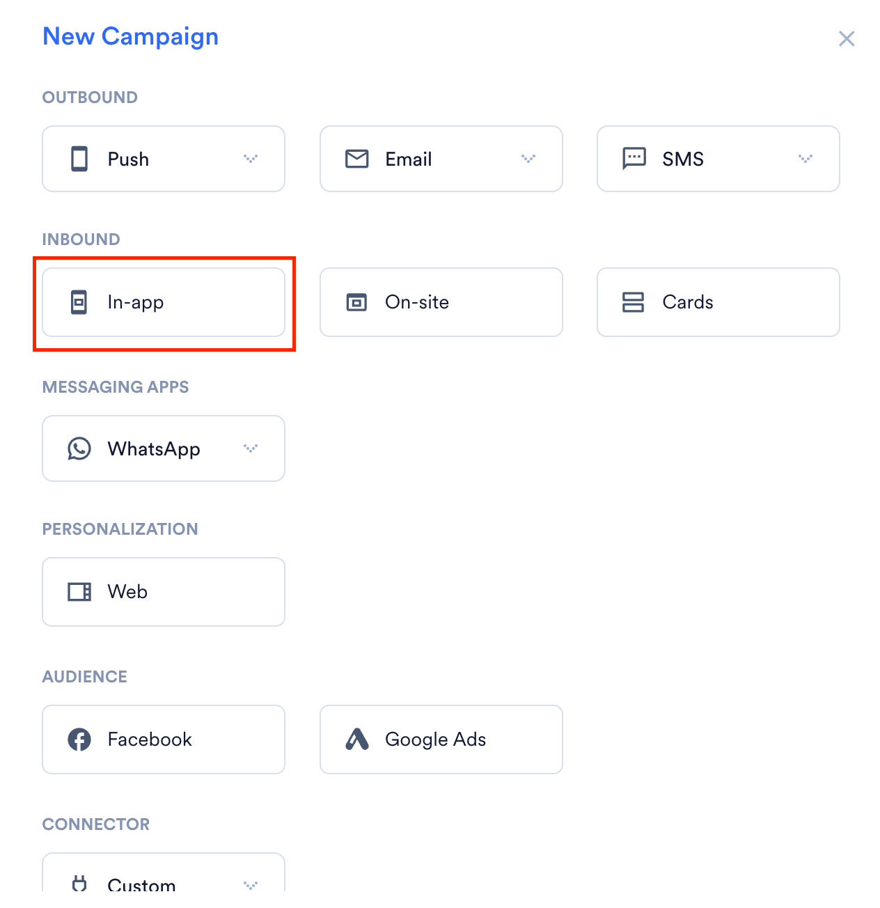 New Campaign dialog box with the In-app option highlighted under Inbound