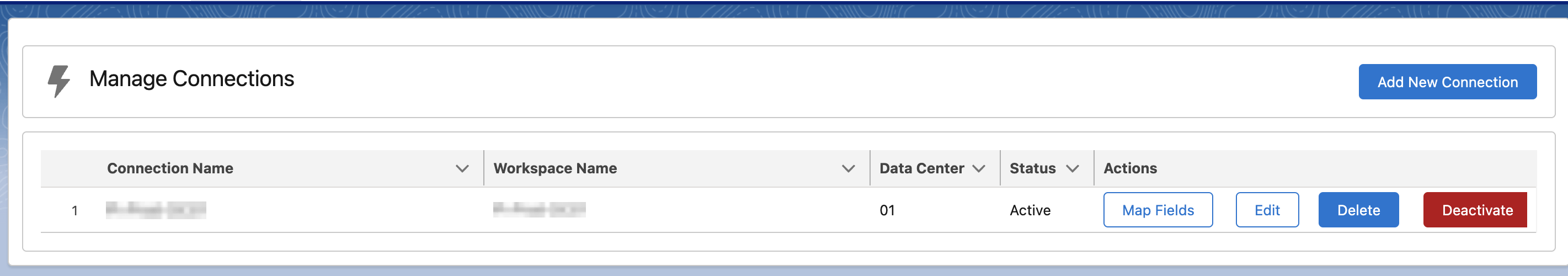 MoEngage Connections list with the Map Fields action highlighted