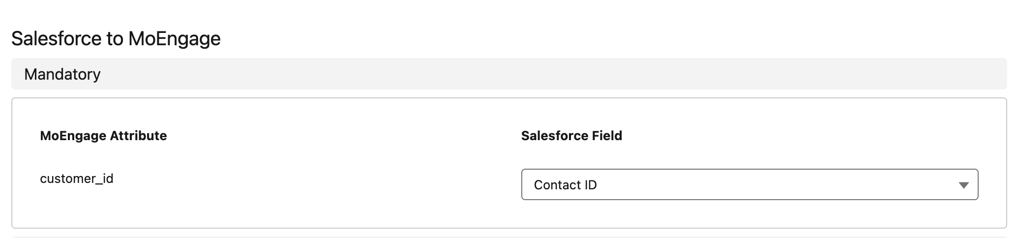 Identifier mapping screen showing MoEngage Customer ID mapped to a Salesforce Contact field