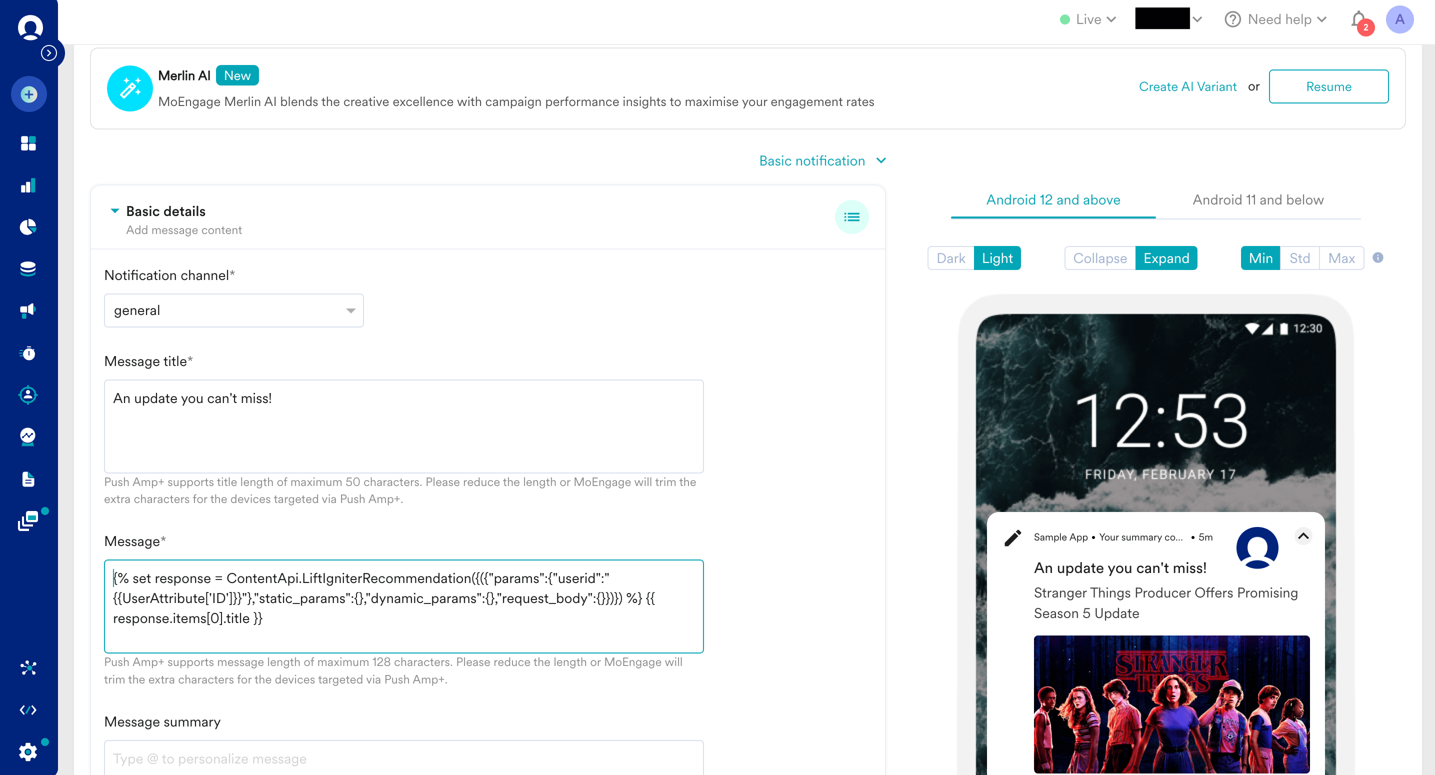 Personalized preview tab in MoEngage showing the rendered LiftIgniter recommendations
