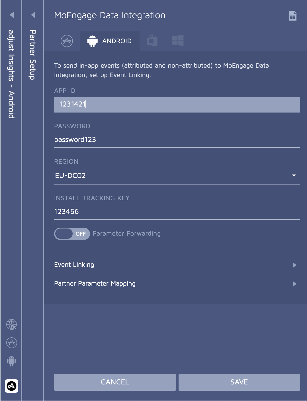 Adjust partner setup screen with MoEngage selection