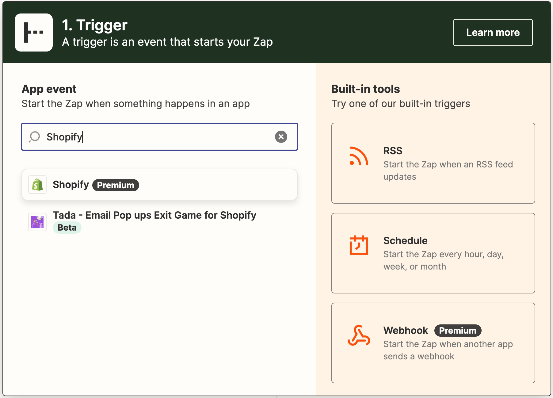 Selecting Shopify as the trigger app in Zapier