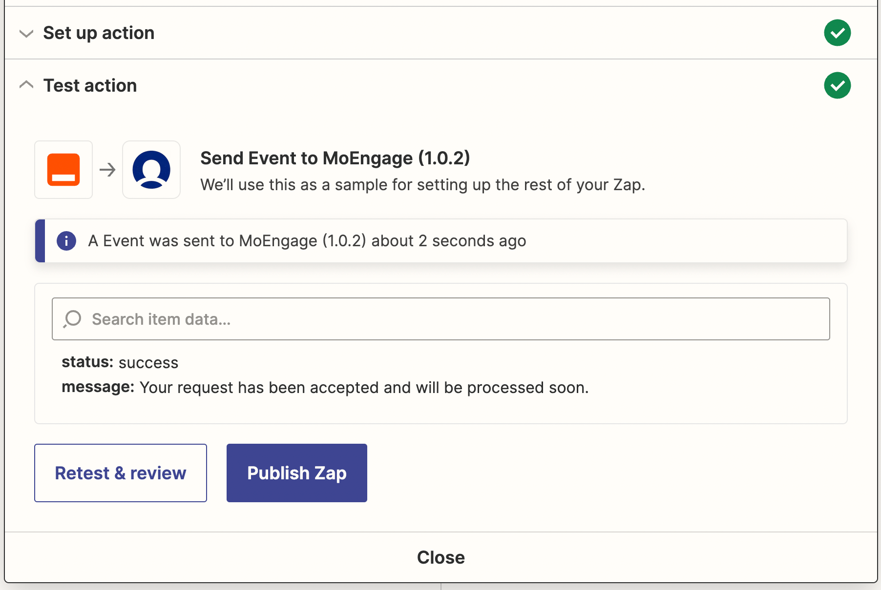 Successful API call response for Import User Event