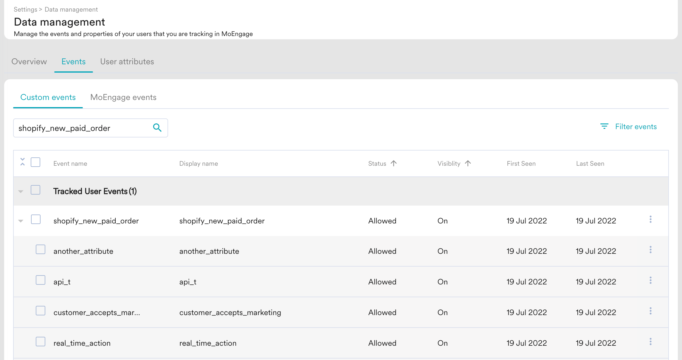 Verifying the imported event in the MoEngage Custom events tab